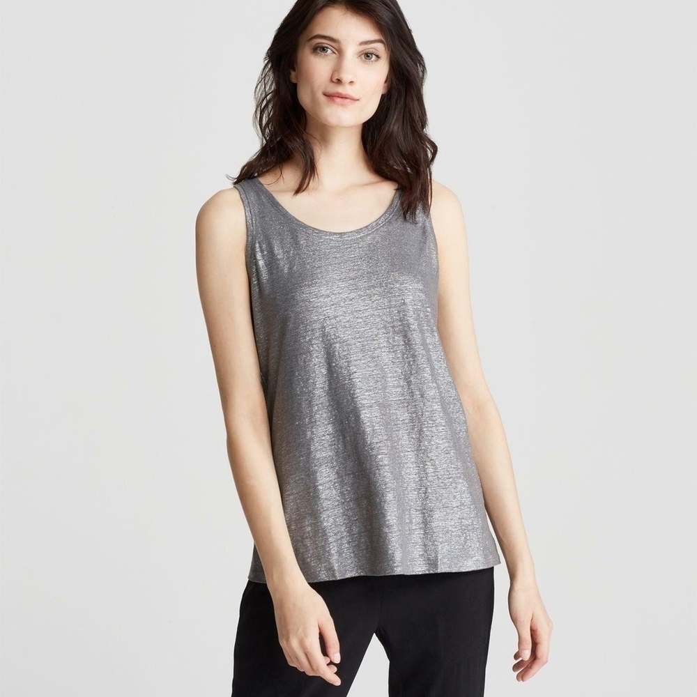 Eileen Fisher Silver Shiny Metallic 100% Linen Round Neck Relaxed Tank Top LG